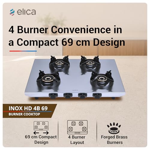 Image of Elica 4 Burner 2mm Stainless Steel Gas Stove | INOX HD 4B 69 | 69cm Layout, Forged Brass Burners - 1 Jumbo 1 Medium 1 Small Burners, Crown Shape Pan Support, 2 Yr Warranty