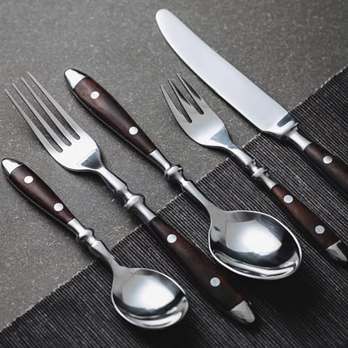 Brown Silverware Set 5 Piece Flatware Cutlery Set Service for 1,18/10 Stainless Steel Faux Wood Rivet Handle Mirror Polished Dishwasher Safe Premium Durable Utensil Sets for Home Kitchen Wedding