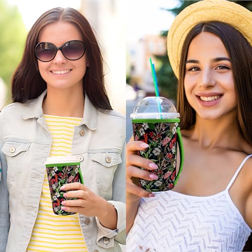 Image of KJQJLY 3 Pack Reusable Iced Coffee Sleeves for Iced Coffee Cups or Drinks Reusable Neoprene Insulated Sleeves for Hot and Cold Drinks from Starbucks, Dunkin, And More (Leaves and grass)