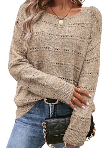 SHEWIN Fall Sweaters for Women 2025 Long Sleeve Boat Neck Pullover Sweaters Lightweight Crochet Tops Loose Fit Fall Clothes for Women, Smoke Gray, M