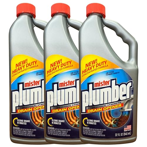 Mister Plumber Professional Formula Drain Opener, 32 Fl Oz 'No-Glug' Easy-Pour Bottle, 3-Pack
