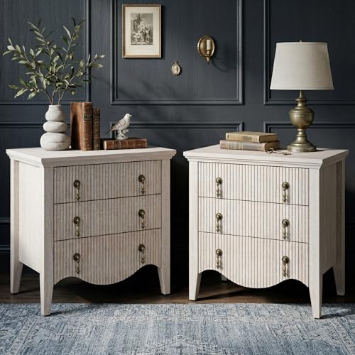 Image of FUSUNBAO Set of 2 Nightstands with Charging Station&3 Fluted Drawers,Oak | Vintage Bedside Table, 3 Fluted Drawers and Open Shelf, Rustic End Table, Power Outlet and USB Ports, For Bedroom