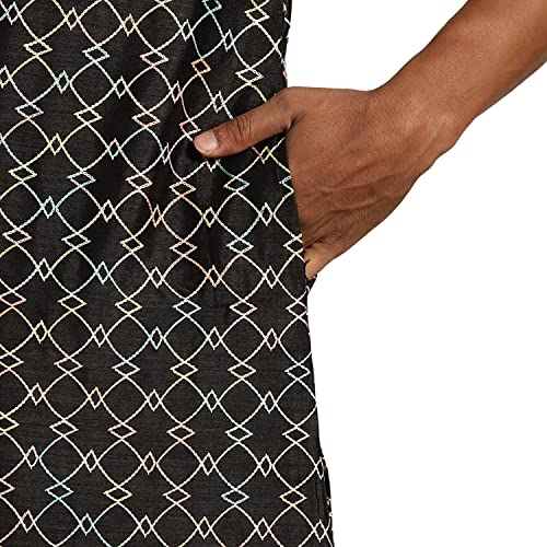 Image of SOJANYA, Men's Silk Blend NavyBlue Kurta with Multi Color Embroidery and Off-White Pyjama