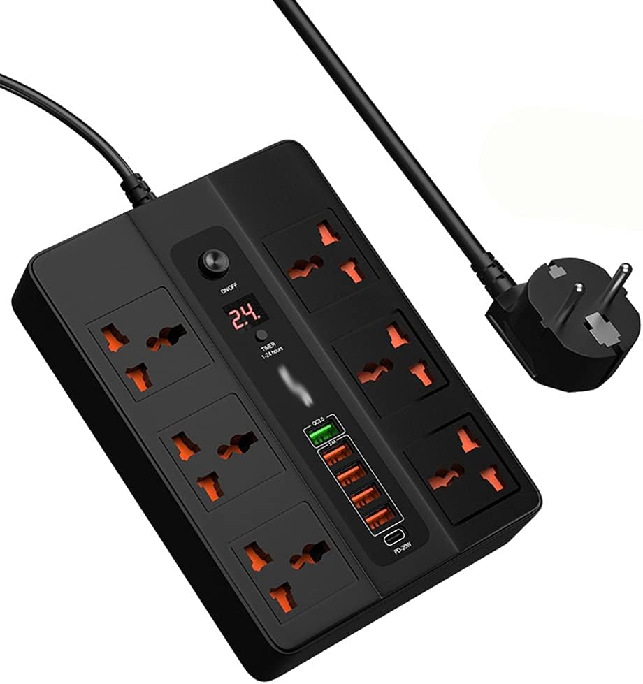 6 Portss 20W PD QC3.0 Fast Charger Type C Quick Charge Station Adapter 3000W 6 AC Outlets Power Strip(EU)