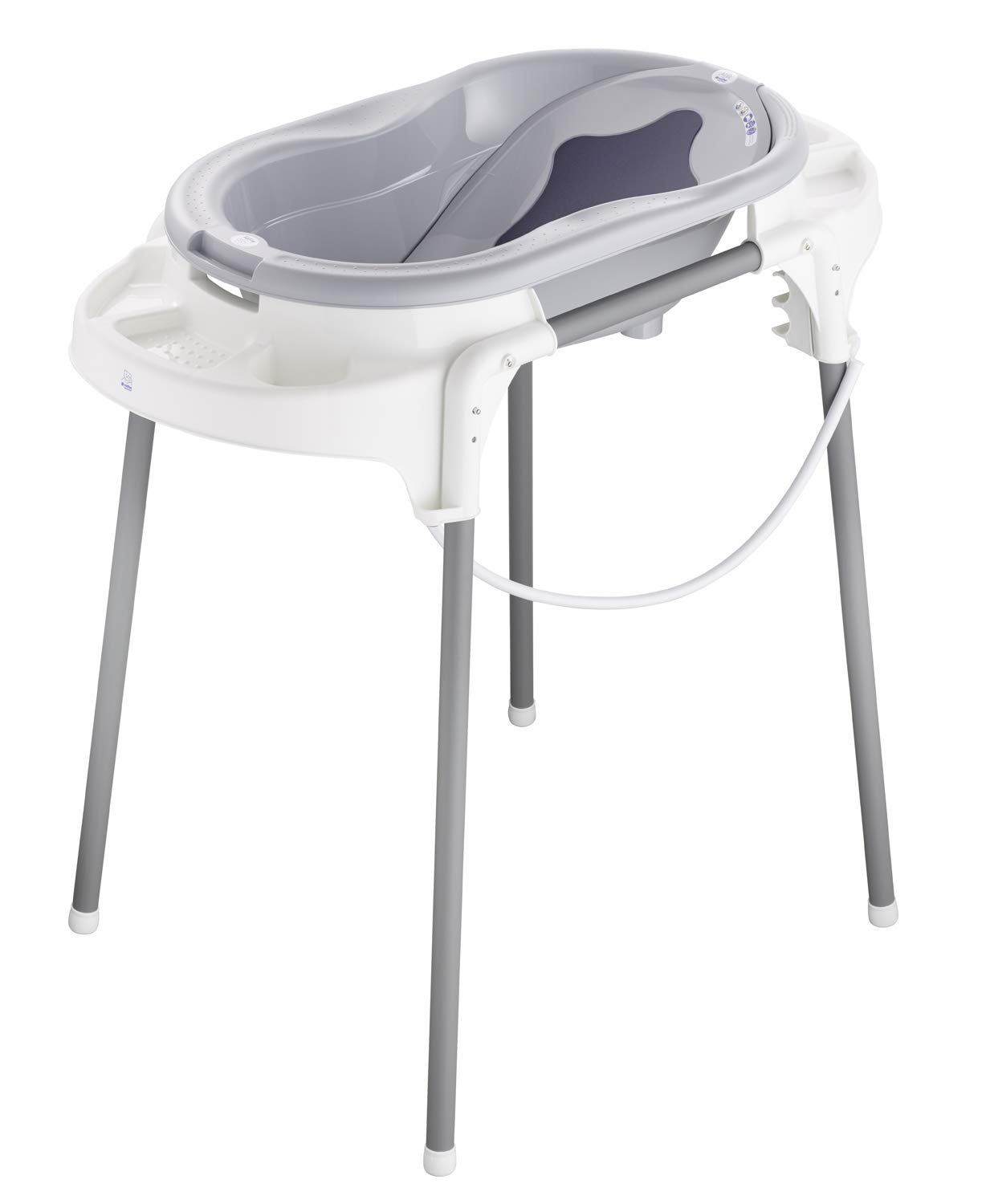 Rotho Babydesign TOP Zestaw kąpielowy, Z wanienką, stojakiem, wkładką do wanienki i wężem kąpielowym, 0-12 miesięcy, Stone Grey (Szary), 21042 0286 01