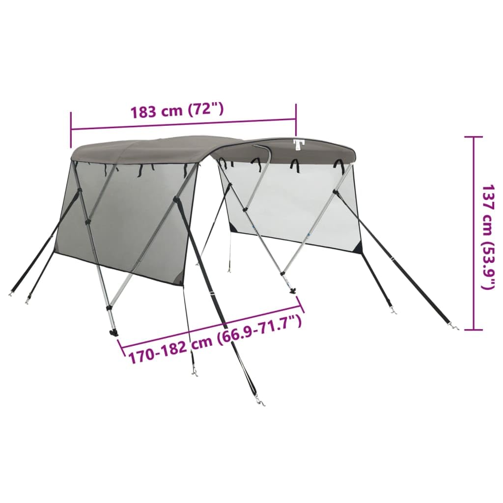 vidaXL Bimini di Prua Pareti Laterali Rete 3 Archi 183x(170-182) x137cm, Bimini per imbarcazione, tendalino per Barca, Copertura per imbarcazione