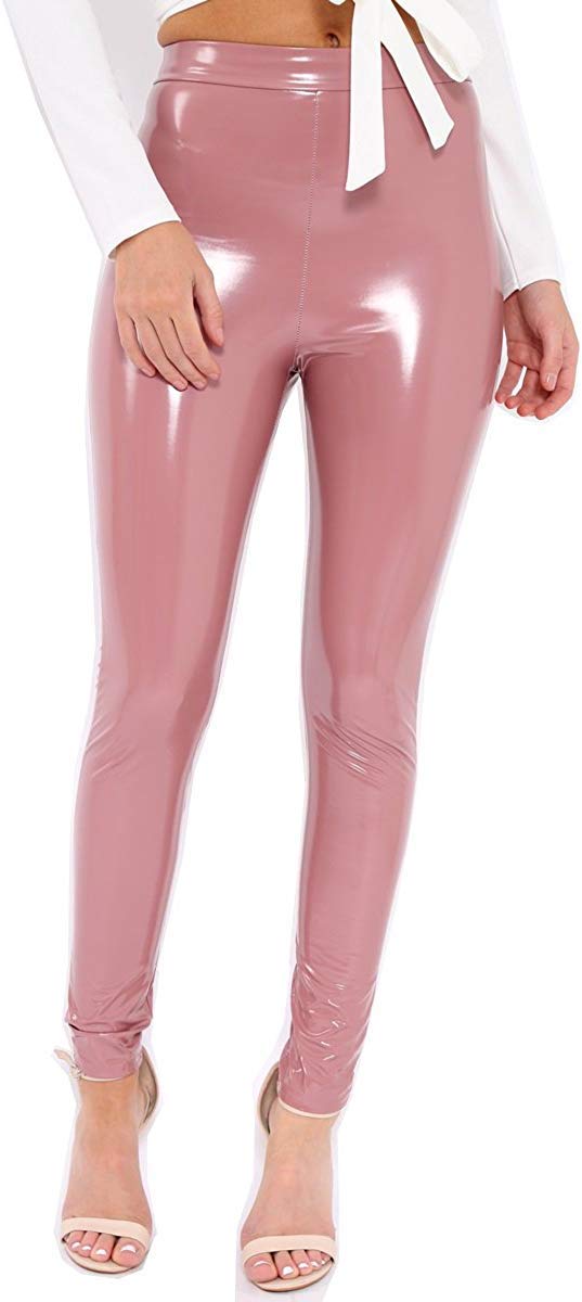 Girlzwalk Women's Nude Vinyl Leggings Pvc Wet Look Shiny Disco High Waist Skinny Trouser Pants (, Ml/Uk 12-14)