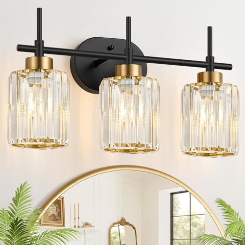 Image of Modern Crystal Bathroom Vanity Light, 3-Light Black & Gold Vanity Lighting Fixture with Clear K9 Crystal Shades, Adjustable Up /Down Installation, E26 Base (Bulbs Not Included)