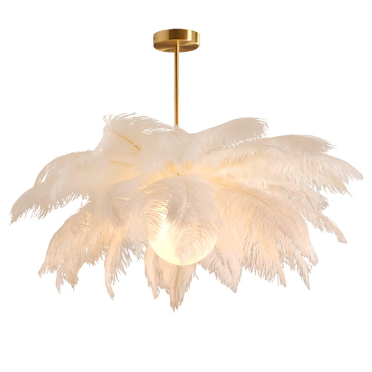 SYAXVOM Elegant White Ostrich Feather Pendant Light Fixture - Luxurious Ceiling Chandelier Lampshade for Bedroom & Living Room Unique Lighting Décor