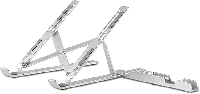 Amazon Brand - Eono Laptop Stand Portable, Aluminium Computer Holder Laptop Riser for Desk, Foldable Notebook Stand with a phone stand, Silver