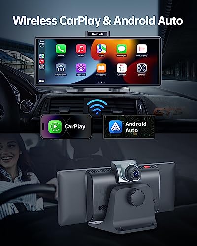 Westods Portable 10.26" Wireless Carplay Screen & Android Auto With Adjustable & Detachable Mount, 2.5K Dash Cam & 1080P Backup Camera, Hd Ips Touchscreen, Gps Navigation, Bluetooth, Car Stereo, Radio #TOP1