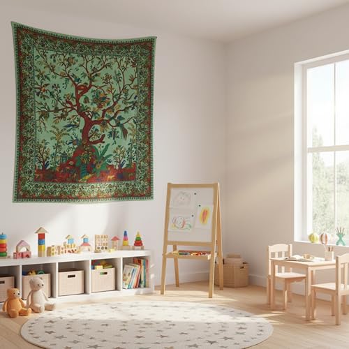Craft Trade Grün Baum Wandteppich Indische Wandtuch Tapestry Wandbehang Boho Wandteppiche für Heimdeko Wohnzimmer und Schlafzimmer - 127 x 152 cm