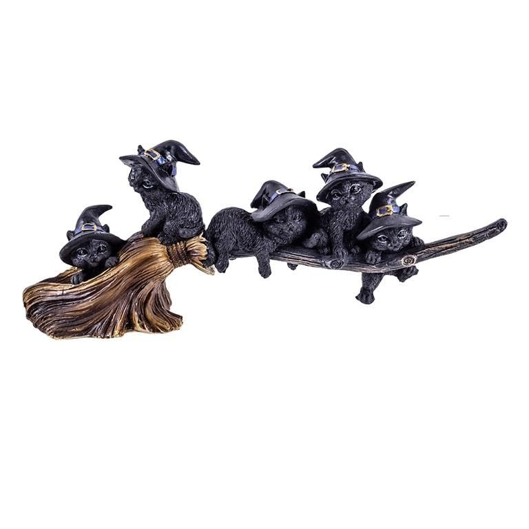 Figurine de chats sur un balai de sorcière DRW en résine 28 cm pour décoration Halloween