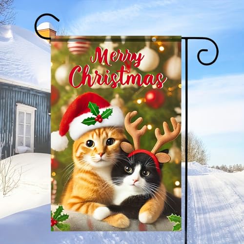 Image of BlissYard Christmas Cat Garden Flag 12x18 Inch Polyester | Double sided polyester, Christmas two cats reindeer hats design, cozy cat lover decor for holiday porch and yard