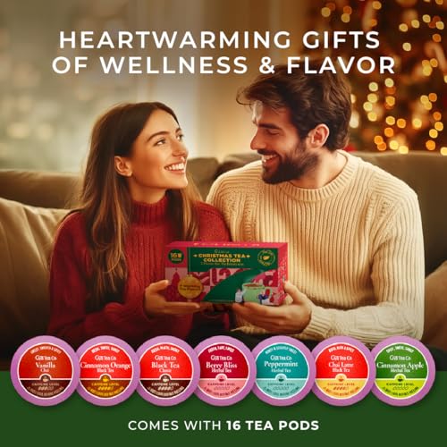 Image of Christmas Tea Pod Gift Set (16 Count) - 7 Flavors Assorted Variety Pack | Vanilla Chai, Cinnamon Orange, Black Tea, Berry Bliss, Peppermint, Chai Latte, Cinnamon Apple, Tea Sampler, Non-GMO