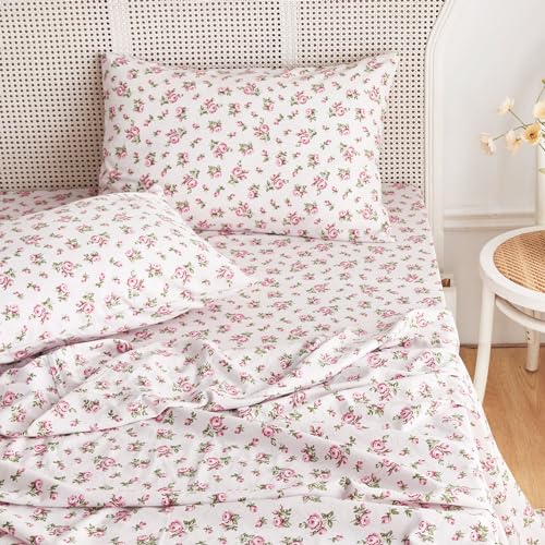 Wake In Cloud - Floral Bed Sheets, 4-Piece Sheet Set, Shabby Chic Flower Rose Pattern Printed...