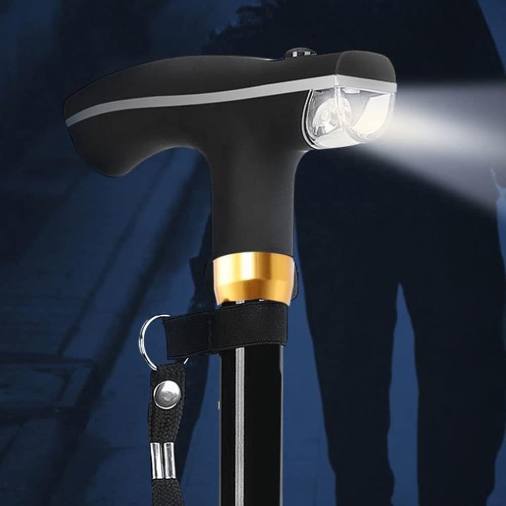 Bastones para Adultos Hombres Mujeres Personas Mayores, con Luces LED, Bastones Plegables, Ligeros, Ajustables, Independientes, Equilibrados, Estables (Color: Negro, Tamaño: Cuatro Patas)