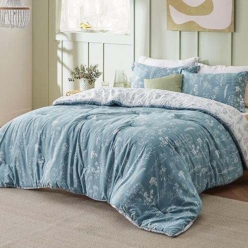 Image of Bedsure Full Comforter Set - Mineral Blue Bed Set, 3 Pieces Cute Floral Bedding, 1 Soft Reversible Botanical Flowers Comforter and 2 Pillow Shams