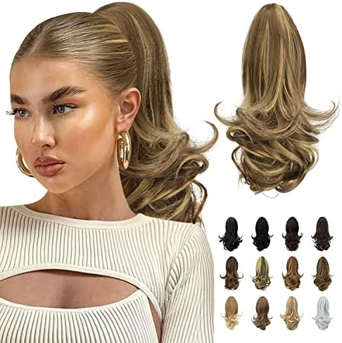SOFEIYAN 13" Ponytail Extension Long Curly Ponytail Clip in Claw Hair Extension Natural Synthetic Hairpiece for Women, Ash Brown Highlighted Bleach Blonde