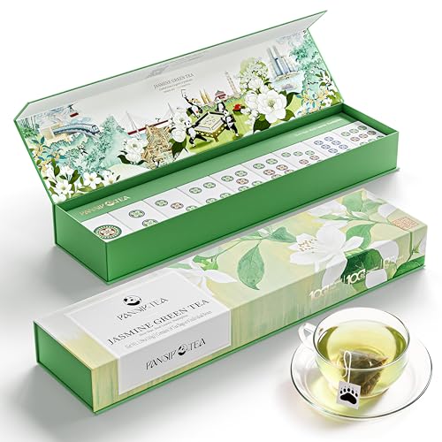 PANSIPTEA Jasmine Green Tea Gift Set, 18 Whole Leaf Tea Bags, First-Flush Spring Tea Naturally Scented 6 Times, Premium Mahjong-Inspired Gift Box for Tea Lovers