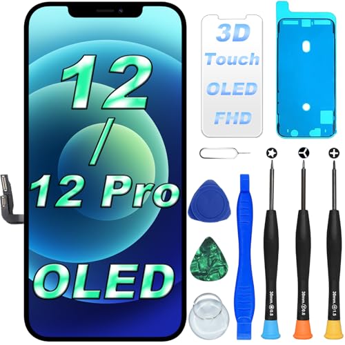 DIGI4U OLED für iPhone 12/iPhone 12 Pro Display 6.1 Zoll Bildschirm Ersatz Truetone Full HD COF Display Digitizer Assembly mit Reparaturwerkzeug Displayschutz und wasserfestem Kleber