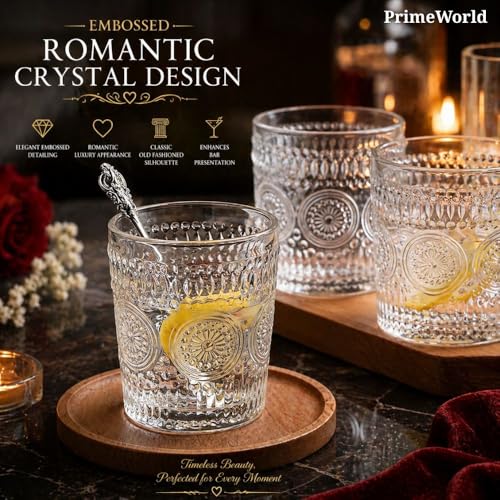 Image of PrimeWorld Embossed Romantic European Crystal Whiskey Glasses Set of 6 pcs- 300 ml Bar Glass for Drinking Bourbon, Whisky, Scotch, Cocktails, Cognac- Old Fashioned Cocktail Tumblers