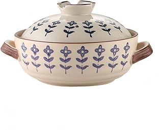 JORERAORMES土鍋耐熱陶器二重持ち土鍋大容量花柄フタ付きキッチン用調理器具耐熱・低温性保温効果メンテナンスしやすく時間節約直火・ガスコンロ対応です (クローバー 2.5L)