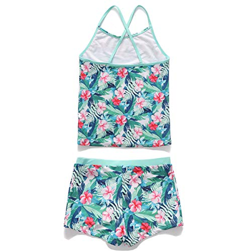 Image of PHIBEE Girls' Tankini Summer Rash Guard Bathing Suits Two Piece Cross Straps Swimsuit with Shorts 2-14 Years