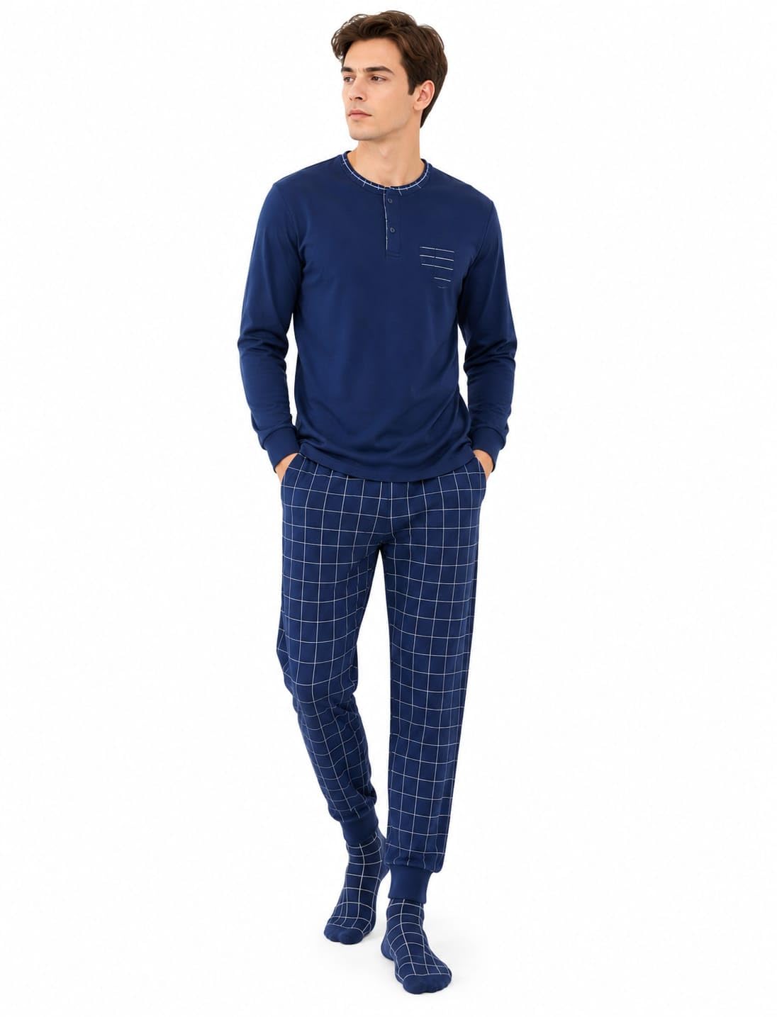 Men's Nightwear 3 Piece Set, 100% Pure Cotton, Navy Blue-picture-45