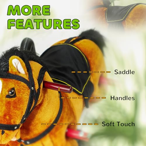 Qaba Spring Rocking Horse, Kids Ride on Horse, Plush Horse Ride-on with Sounds & Foot Stirrups, Saddle for Kids 3-8 Years, Brown