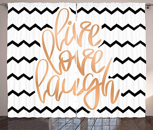 Ambesonne Live Laugh Love Curtains, Motivational Calligraphic Artwork with Zigzags Chevron Stripes, Living Room Bedroom Window Drapes 2 Panel Set, 108" X 96", White Peach