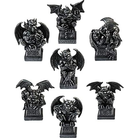 Mythical 4 Inch Black Gargoyle Statue Set - Seven Deadly Sins Set of Gargoyles - Gothic Home Decor Miniature Sculpture - Fantasy Figurine Hand Painted Polyresin Figure Ornament - Medieval Celtic Gift Cover