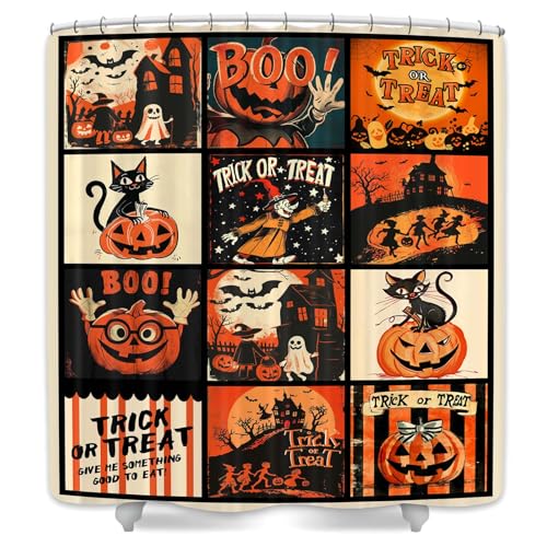 JAWO Vintage Halloween Shower Curtain Cool Gothic Black Cat Pumpkin Retro Halloween Bathroom Decor Aztec Shower Curtain with Hooks