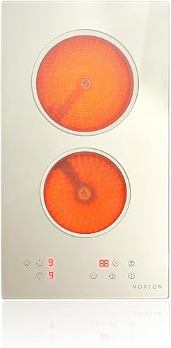 Noxton Placa eléctrica de 2 quemadores, estufa eléctrica radiante de vidrio beige y gris de 12 pulgadas, estufa de cerámica eléctrica integrada con