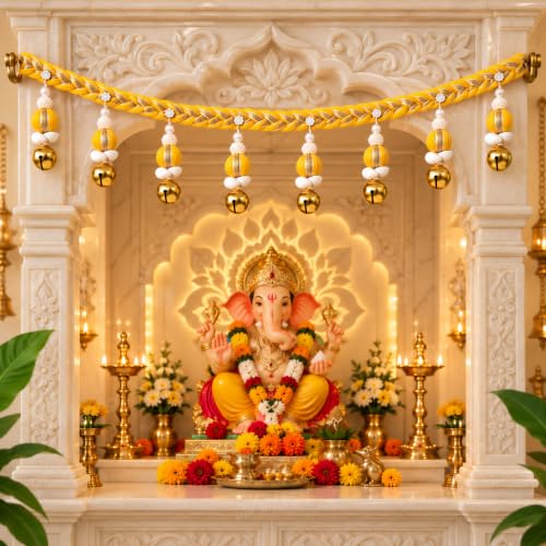 Image of Divyakosh 37 Inch Woolen Toran with Ghungroo & Kaudi (Shells) for Temple & Main Door Entrance, Pink Sacred Thread Handmade Hanging, Entrance for Main Door, Pooja Room Decoration Items