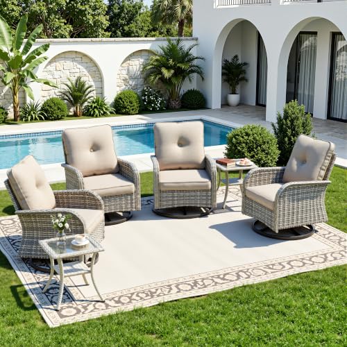 Image of 6-Piece Small Patio Furniture Set, Outdoor Swivel Rocking Chairs Set with Wicker Chairs and Tempered Glass Side Table, Outdoor Furniture Patio Bistro Set for Balcony, Deck, Porch