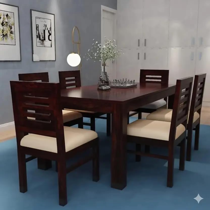 Image of RECTART Solid Wood Dining Table Set with Chairs for Living Room Home | Wooden Dining Room Sets Furniture for Hotels and Restaurants | (Walnut Finish, 6 Seater-A)