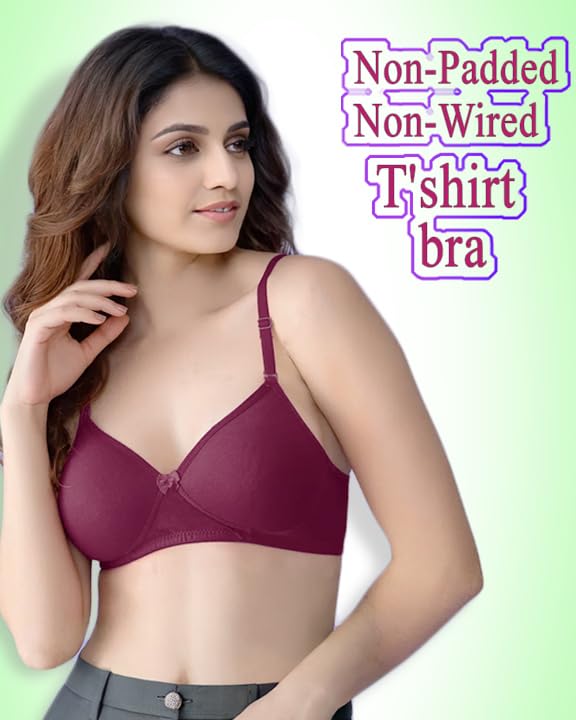 Image of Pack of 2 Women's Full Coverage Molded T-Shirt Bra | Non-Padded, Wireless, Cotton Comfort Bra with Detachable Straps