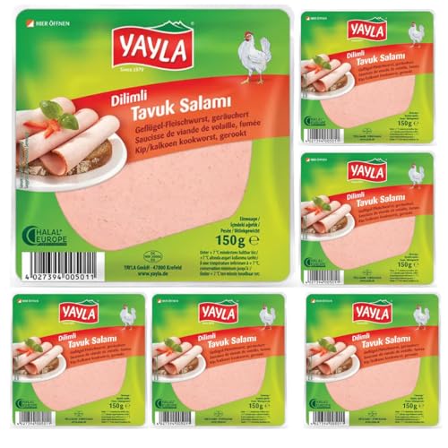 Yayla, salchicha de carne de ave en rodajas, salami de pollo, salami de desayuno en rodajas, delicioso salami de pollo 150 gramos X 6 paquetes