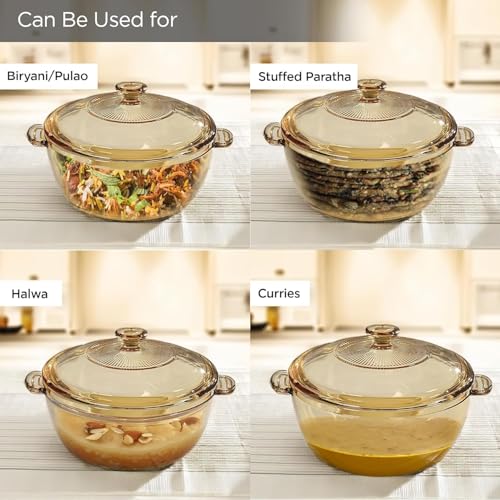 Image of bellemax 1000 ML Brwon Glass Casserole Deep Round - Oven and Microwave Safe Serving Bowl with Glass Lid (Amber - 1000ML, Set of 1)
