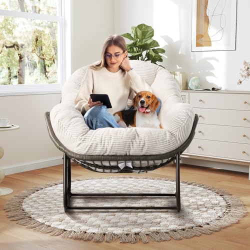 Image of Large Indoor Rocking Chair, Oversized Rocking Papasan Chair with Thick Cushion and Frame,Comfy Corduroy Rocker Wicker Egg Chairs Lounge Reading Chair for Living Room, Bedroom, Apartment, White