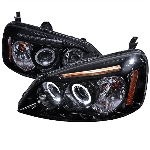 Spec-D Tuning LED Halo Glossy Black Housing Smoke Lens Projector Headlights Compatible with 2001-2003 Honda Civic 2/4 Door, Left + Right Pair Headlamps Assembly
