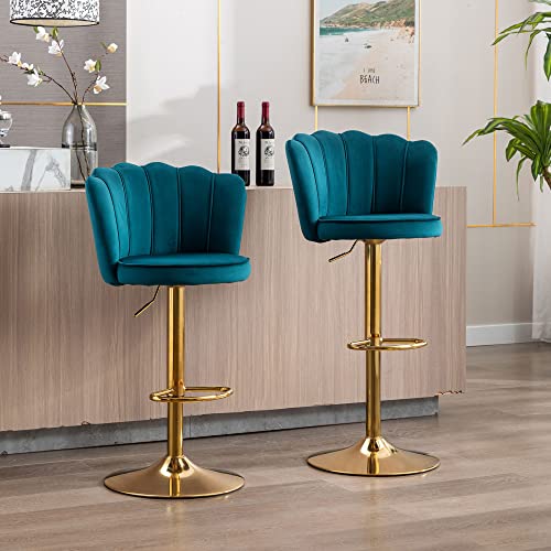 DM Furniture Swivel Bar Stools Bar Height Set of 2 Adjustable Upholstered Counter Barstool Velvet Bar Chairs with Back/Gold Base for Kitchen Island/Bar/Cafe Teal Blue