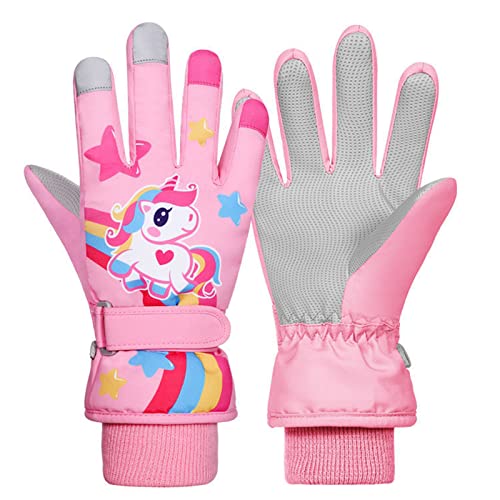 JUPSK Guantes para Niños de Esquí Invierno Manopla Impermeable Térmicos Mitones Ski Gloves para Niñas Niños de 5 a 7 años (Rosa Unicornio)