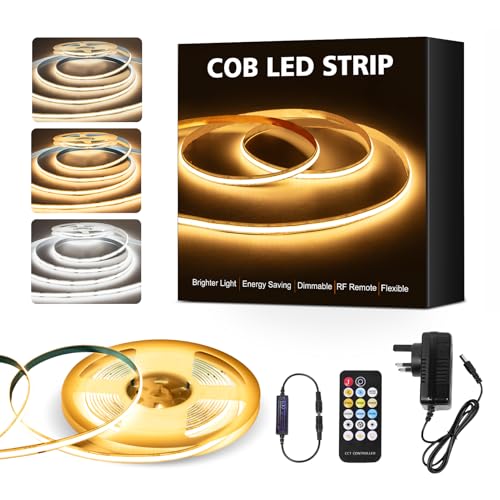 CCT COB LED Strip Lights 5M, 560LEDs/M,16.4Ft Dimmable 2700K-6500K 24V Tunable White LED Light Strip Kit, High Density CRI 90+ LED Strips with Remote & Power Supply for Bedroom Kitchen Home Decoration
