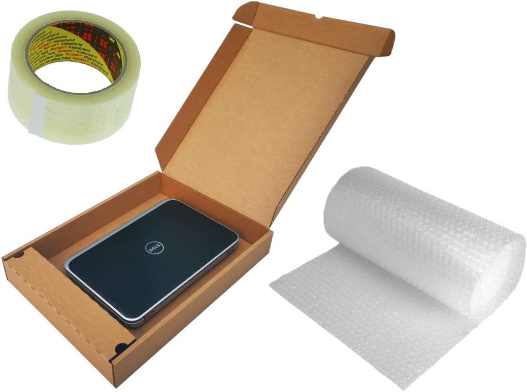 Laptop Shipping Box & Charger Locker - Strong Cardboard 51x38x7cm + 3m Bubble Wrap + Packing Tape, Bundle