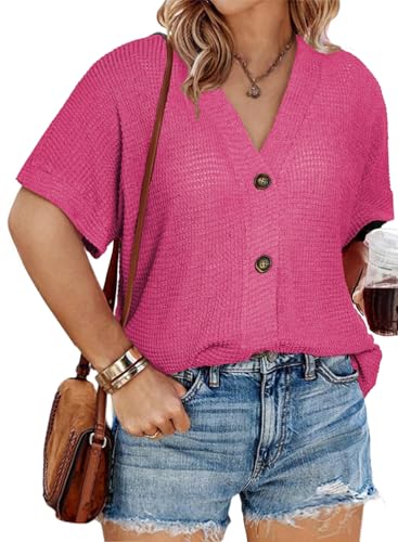 Image of Eytino Womens Plus Size Tops Casual V Neck Short Sleeve Waffle Knit Button Down Shirts(1X-5X)