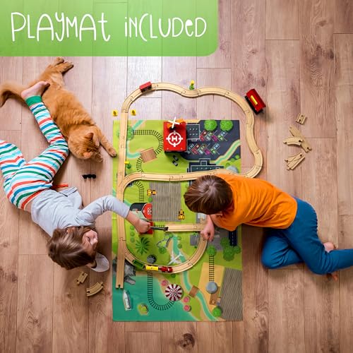 Image of KipiPol Wooden Train Tracks Set - 52 pcs+Bonus Railroad Map -Compatible W All Major Wooden Railway Toy Brands Including: Thomas The Train Track Set, Brio Train, Melissa and Doug Train Set for Kids 3+