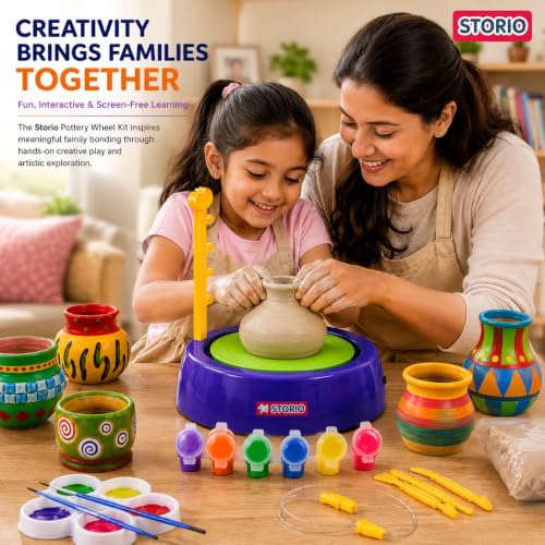 Image of Storio Kids Art & Craft Pottery Wheel Kit|DIY Battery Operated Pottery Making & Painting Set|Modeling Clay,Sculpting Tools & Paints|Creative Kit for Boys & Girls Age 5+|Indoor Outdoor Toy (Multi)