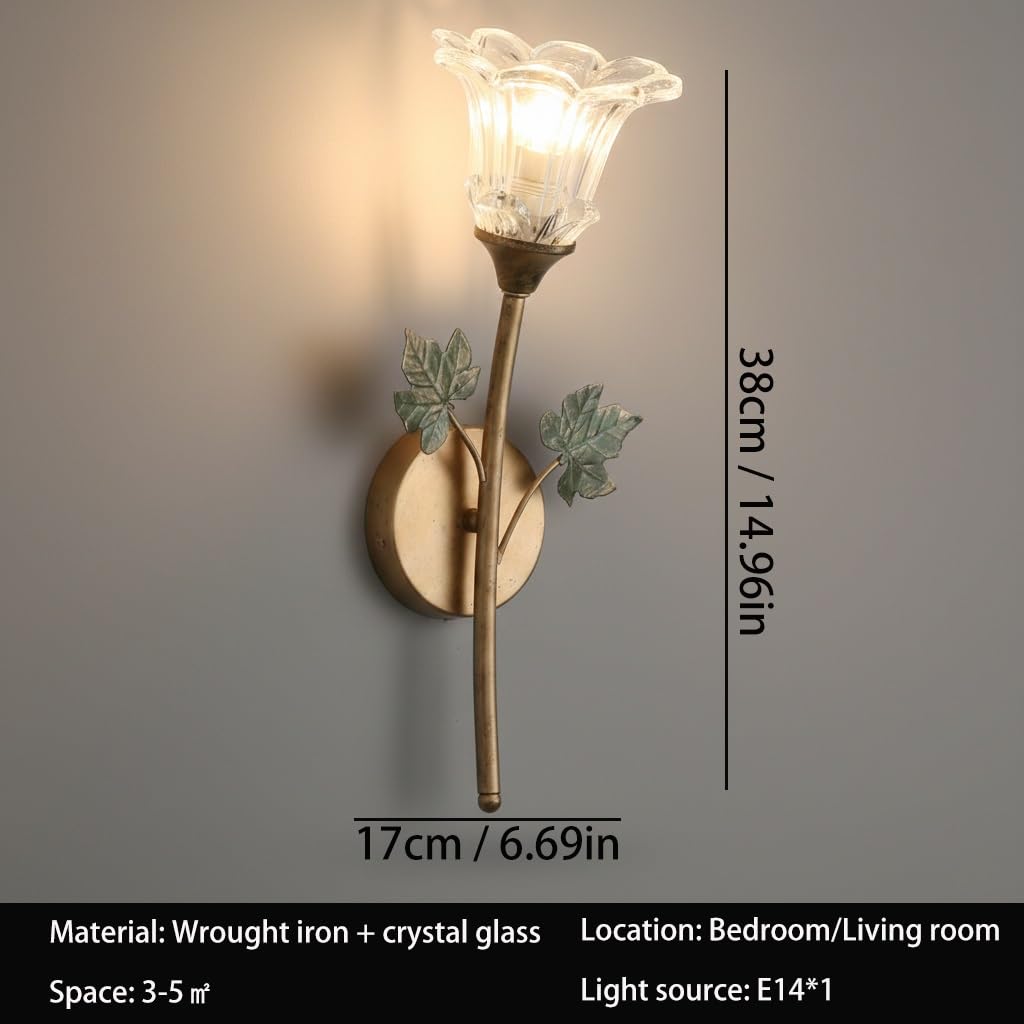 Kinkiet do sypialni, korytarza, wnętrza, styl vintage, europejskie kwiaty, antyczny brąz, żelazo, 1-E14, lampa na stałe podłączona, klosz z przezroczystego szkła, z zielonymi liśćm